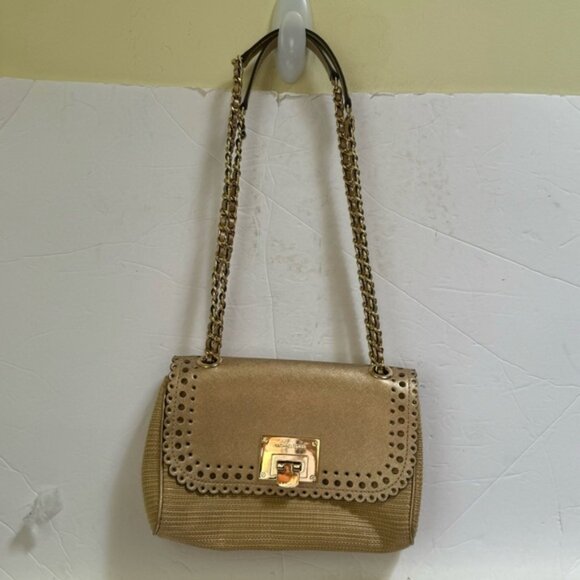 Michael Kors Violet Vivian Leather Straw Raffia Metallic Chain Shoulder Bag Tote - Picture 13 of 16